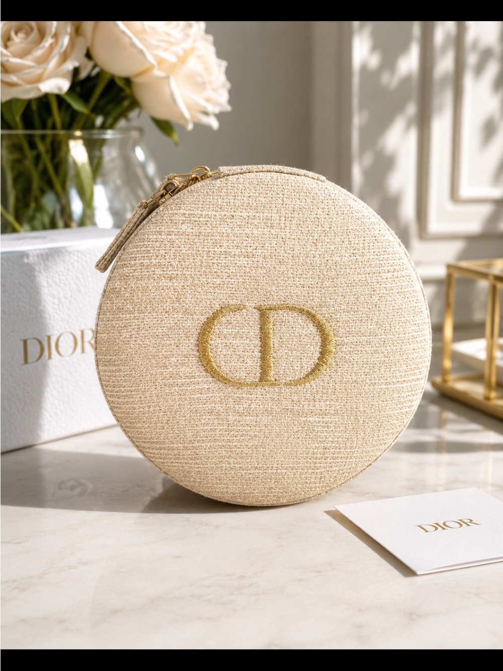 FASHION Round small Beige Embroidered CD Cosmetic/jewelry Case